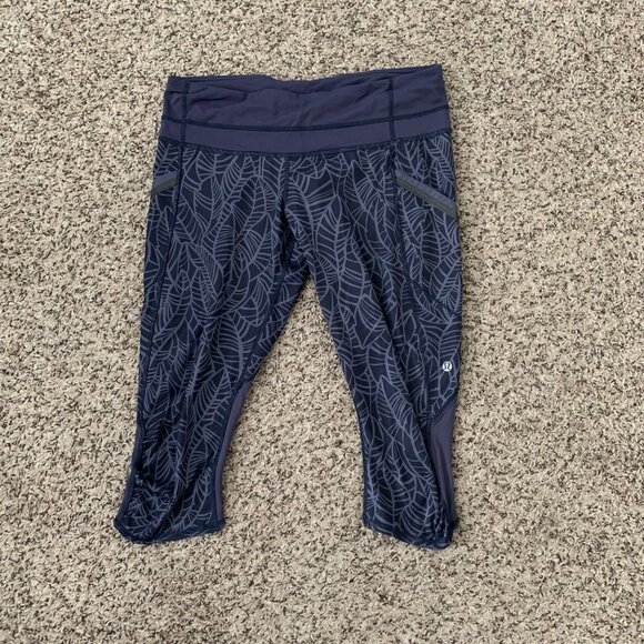 Lululemon Pants - Lululemon Navy Purple Leaf Print Capri Leggings With Side Pockets